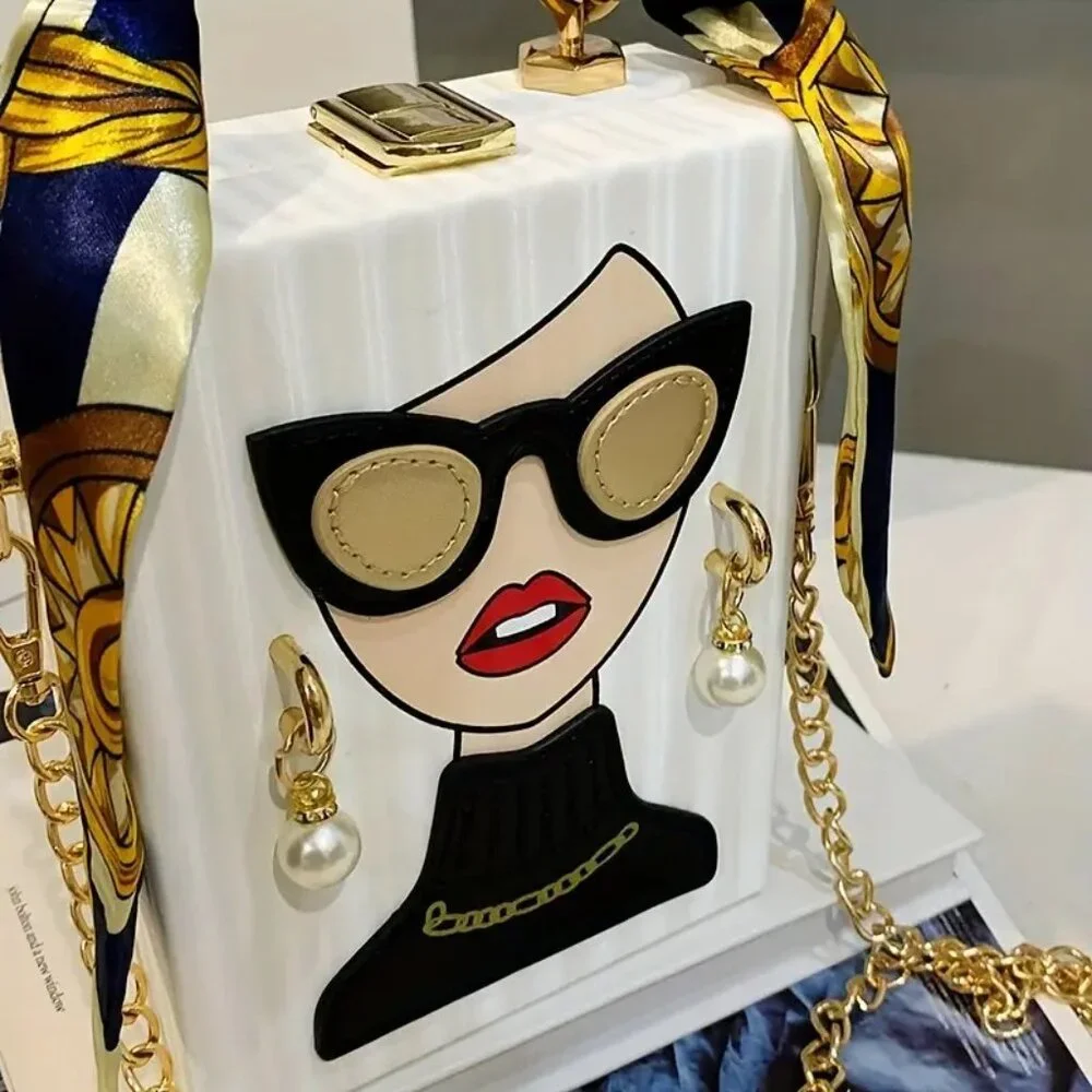 Fashion Lady Face Trendy Box Handbag for Women w/Pearl Earrings, Scarf Handle - Picture 5 of 16